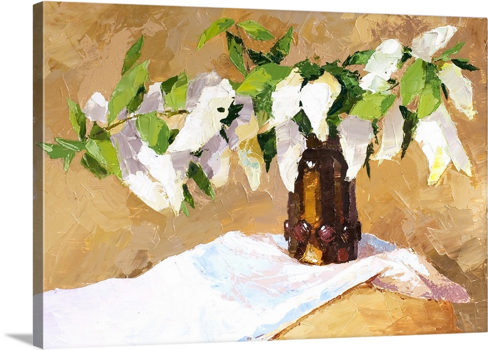 Originally an oil painting of chokecherry flowers in a brown vase.