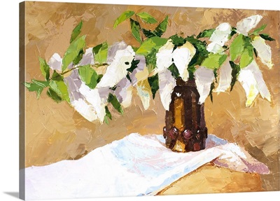 Chokecherry Flowers In Brown Vase