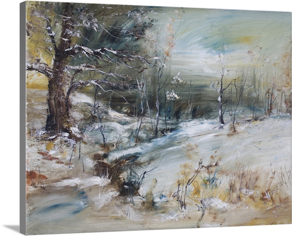 Christmas landscape with snowy trees, originally an oil painting.