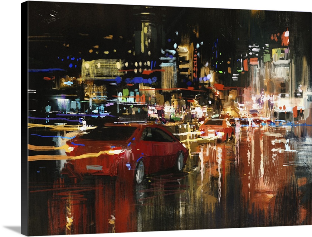 Originally a digital painting of city street at night with colorful lights.
