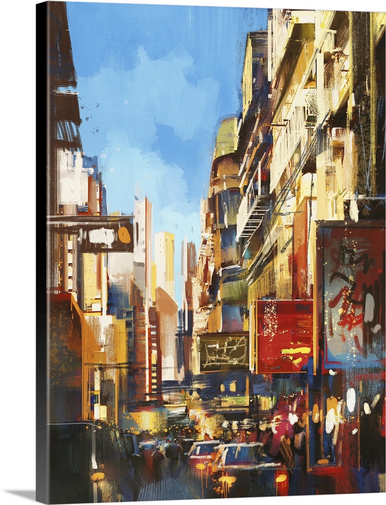 Colorful painting of city street on sunny day.