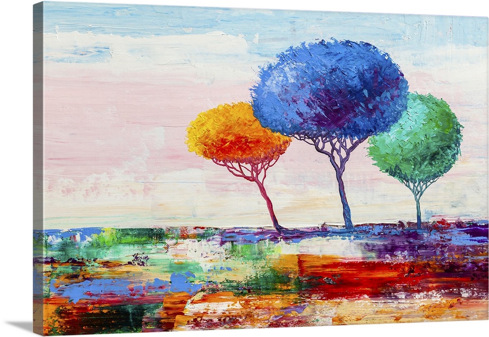 Impressionist painting of outdoor landscape with colorful trees.