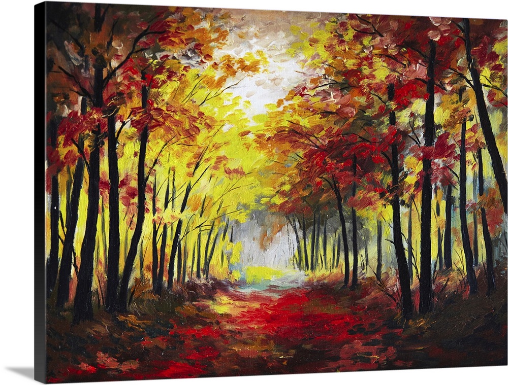Originally an oil painting landscape of a colorful autumn forest, beautiful river.