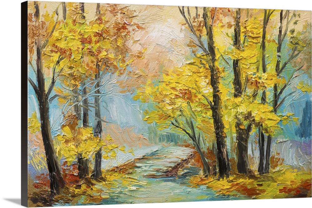 Originally an oil painting landscape of a colorful autumn forest.