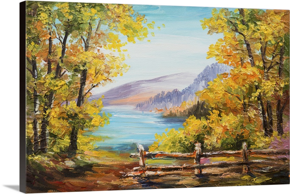Originally an oil painting landscape of a colorful autumn forest, mountain lake, impressionism.