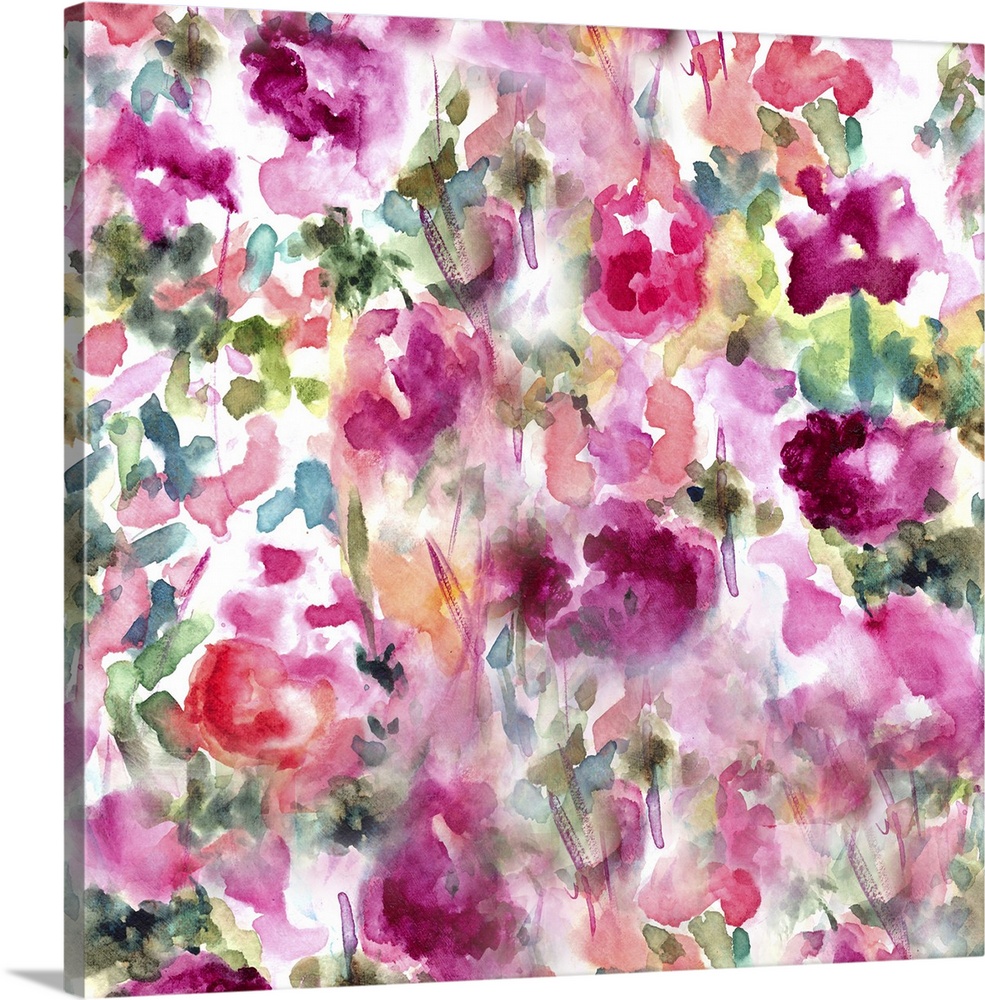 Colorful, loose abstract watercolor of a floral landscape.