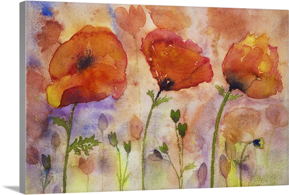Colorful poppies and buds. The dabbing technique near the edges gives a soft focus effect due to the altered surface rough...