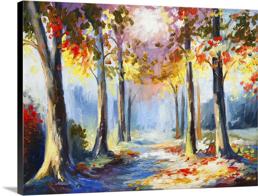 Originally an oil painting of a colorful spring landscape, road in the forest.