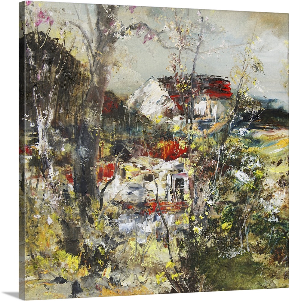 Country house in the spring, originally an oil painting/illustration.