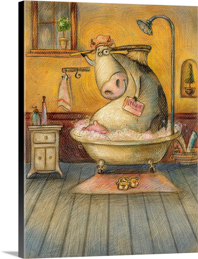 Cute cow in the bathroom washing herself. Vintage background. Children illustration. Cartoon childish background in vintag...