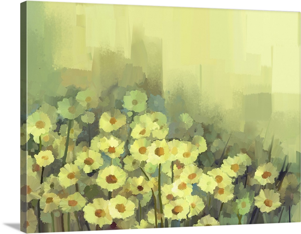 Originally an oil painting of daisy-chamomile flowers field background.