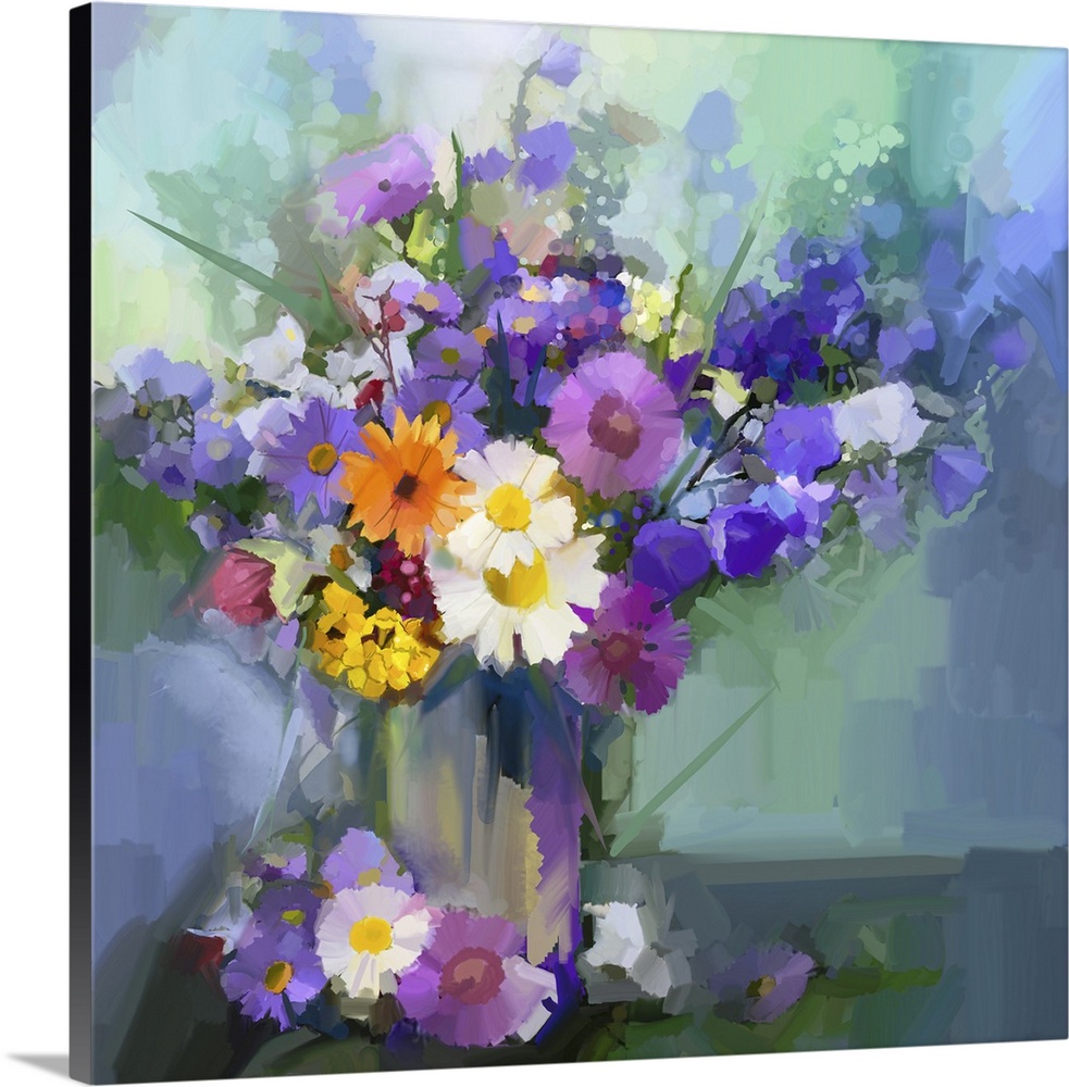 Still life a bouquet of flowers. Originally an oil painting daisy flowers in vase. Originally a hand painted floral in sof...