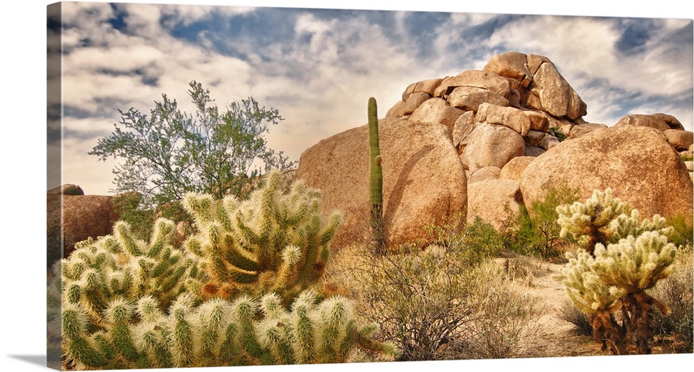 Beautiful desert landscape with red rock buttes and glowing sky with little fluffy clouds.
