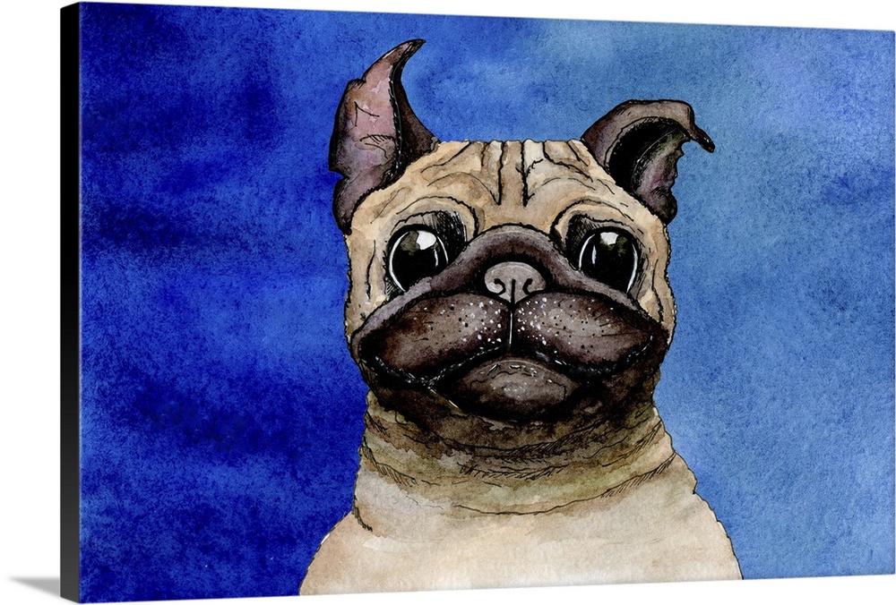 Originally sketched and painted in watercolor: dog bulldog on blue background.