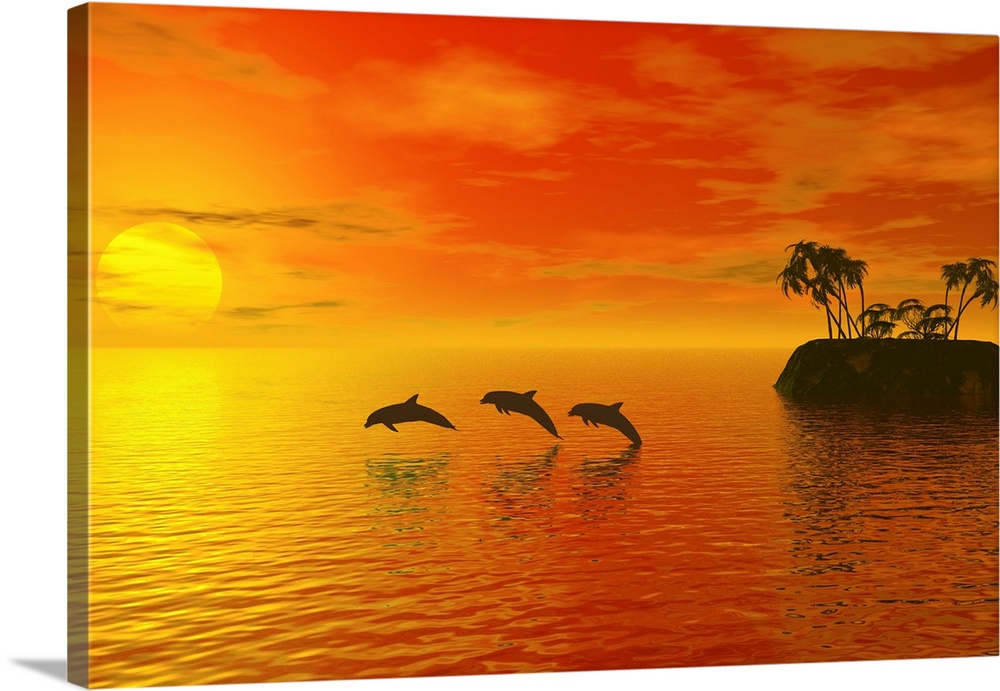 Illustration of tropic scene with dolphins and sunset.