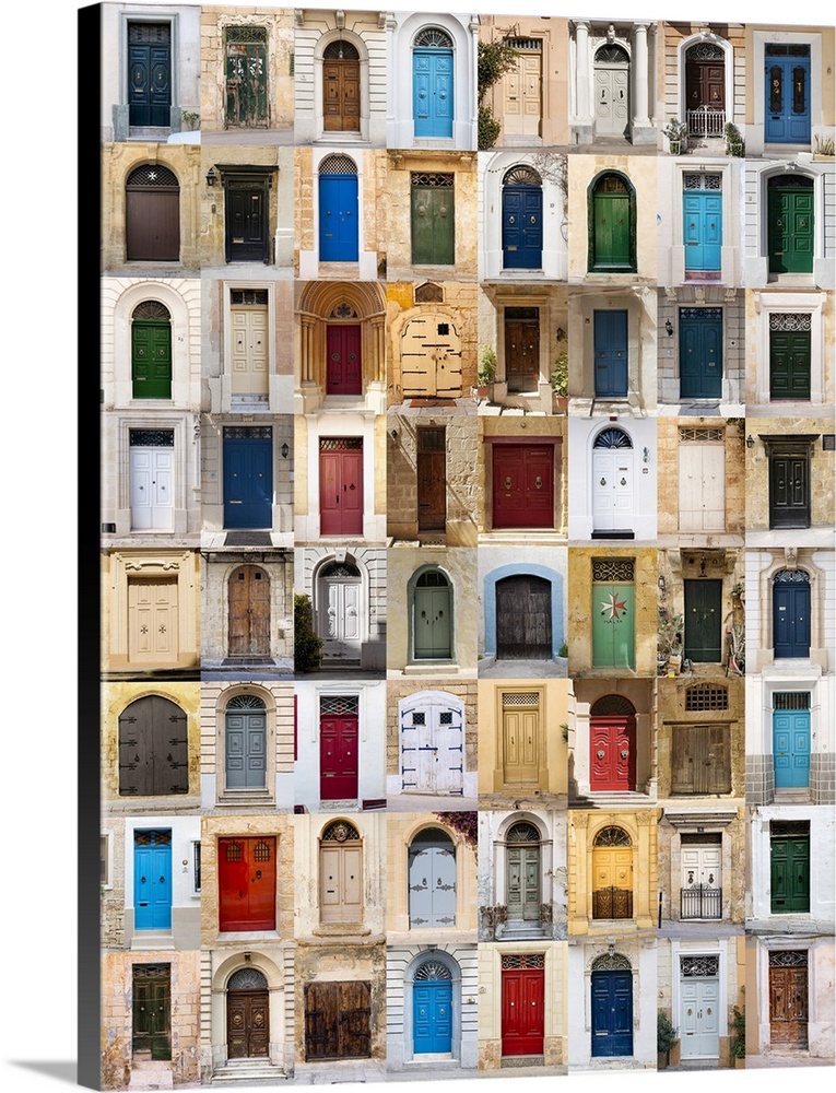 A photo collage of 64 colorful front doors to houses from Malta.