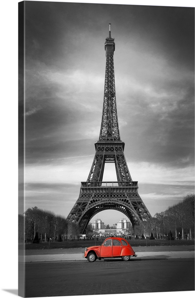 Eiffel Tower and old red car in Paris.