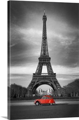 Eiffel Tower And Old Red Car In Paris