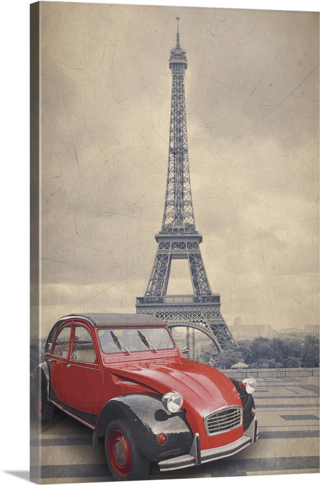 Eiffel tower and red car with a retro vintage style, filter effect.
