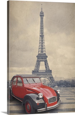 Eiffel Tower And Red Car With Retro Vintage Style Filter Effect