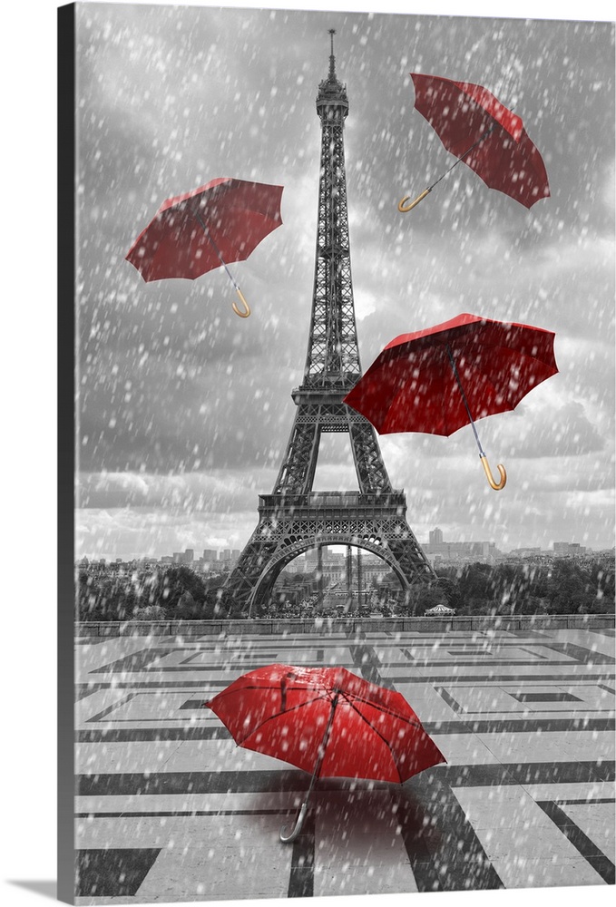 Eiffel tower with flying umbrellas. Black and white with red element.