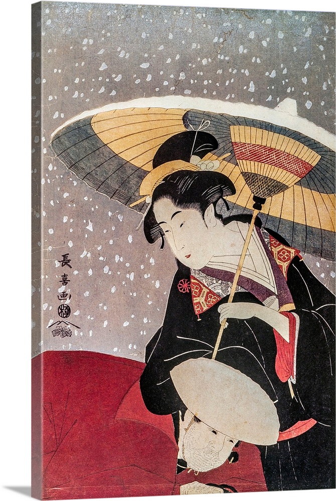 Eishosai Choki. Courtesan in snow. Traditional Japanese engraving Ukiyo-e.