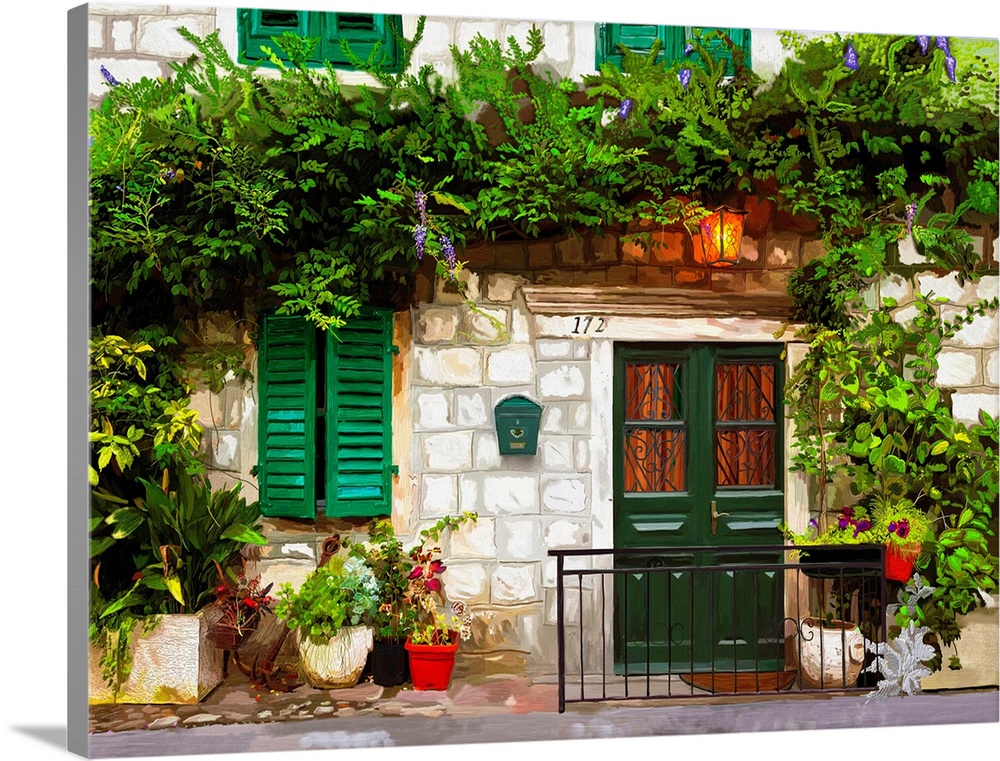 Originally a digital illustration. Welcoming facade. A small structure in Montenegro. A lot of flowers in pots.