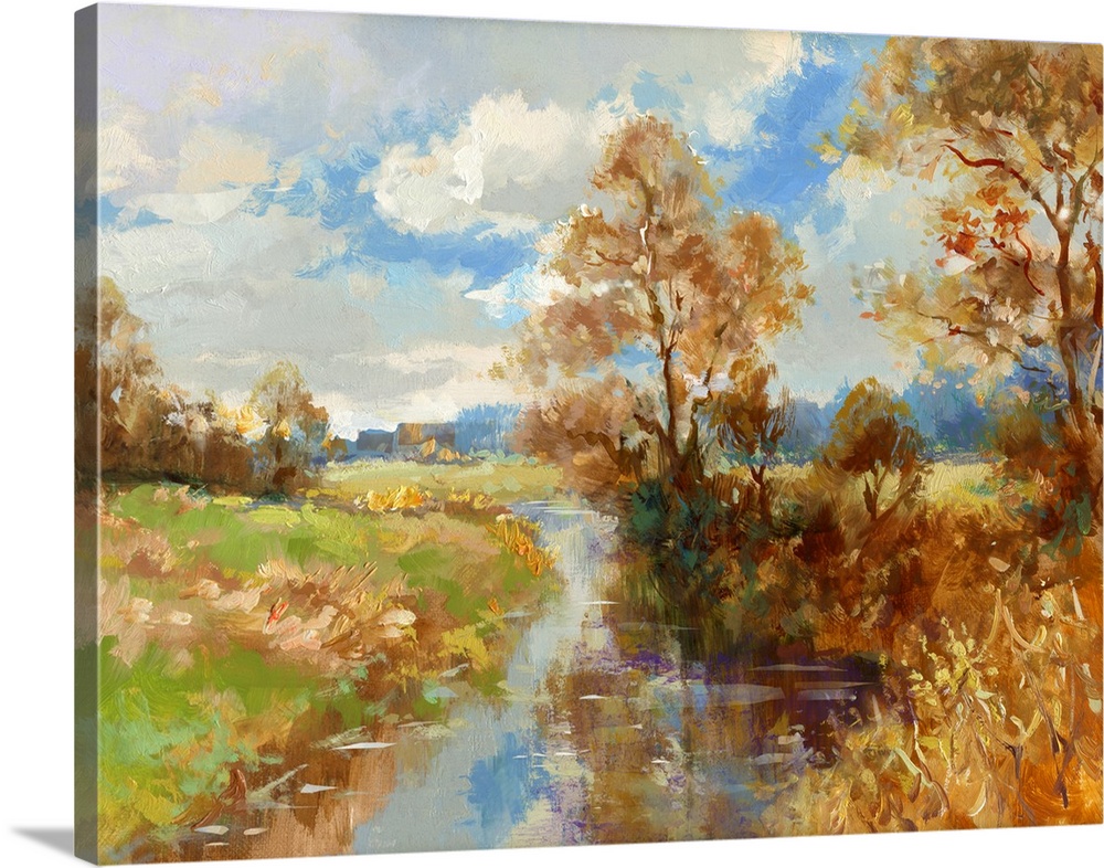 Fall landscape - hand painted acrylic paint sketch.