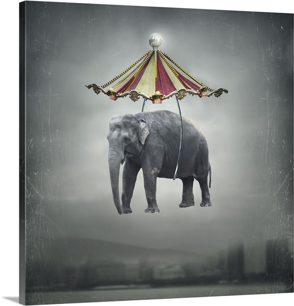Fantasy image that represents a flying elephant with circus tent in the sky and landscape.