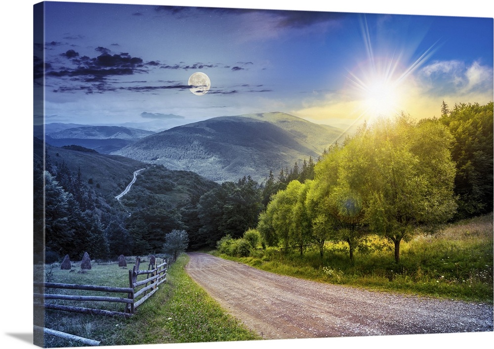 Day and night collage landscape. Fence near road going down the hill through meadow and forest to the high mountains with ...