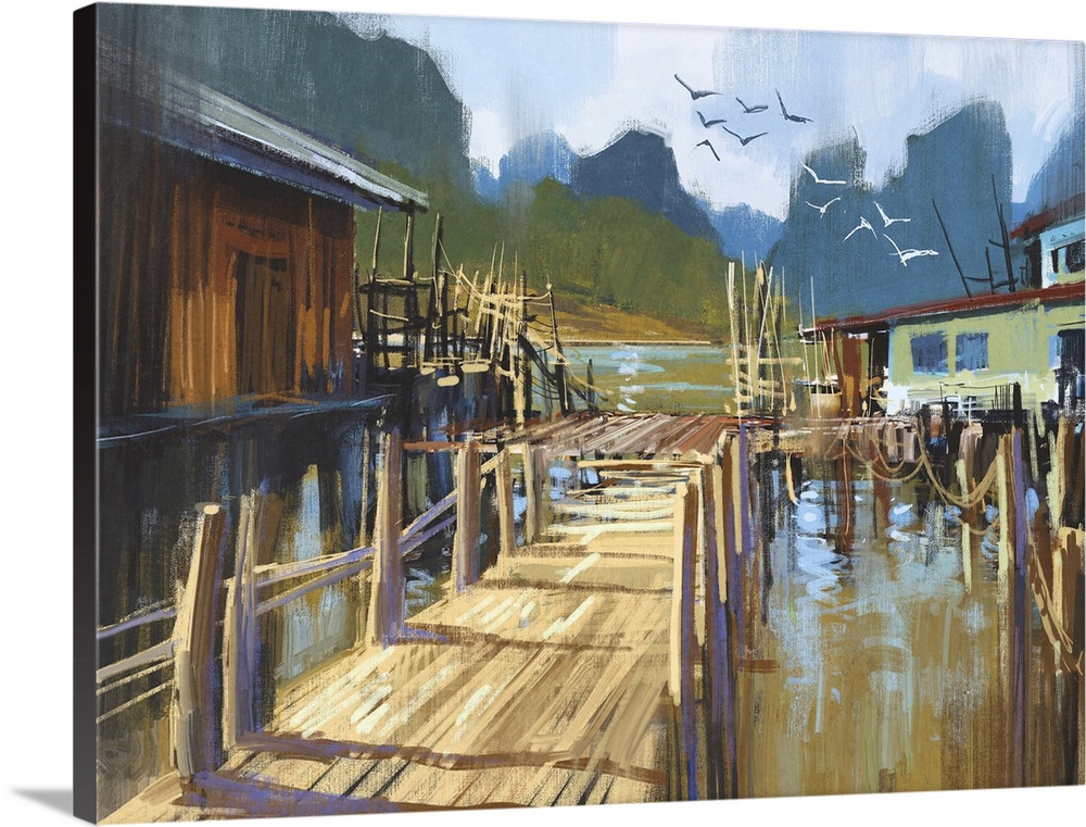 Landscape painting of fishing village in summer.