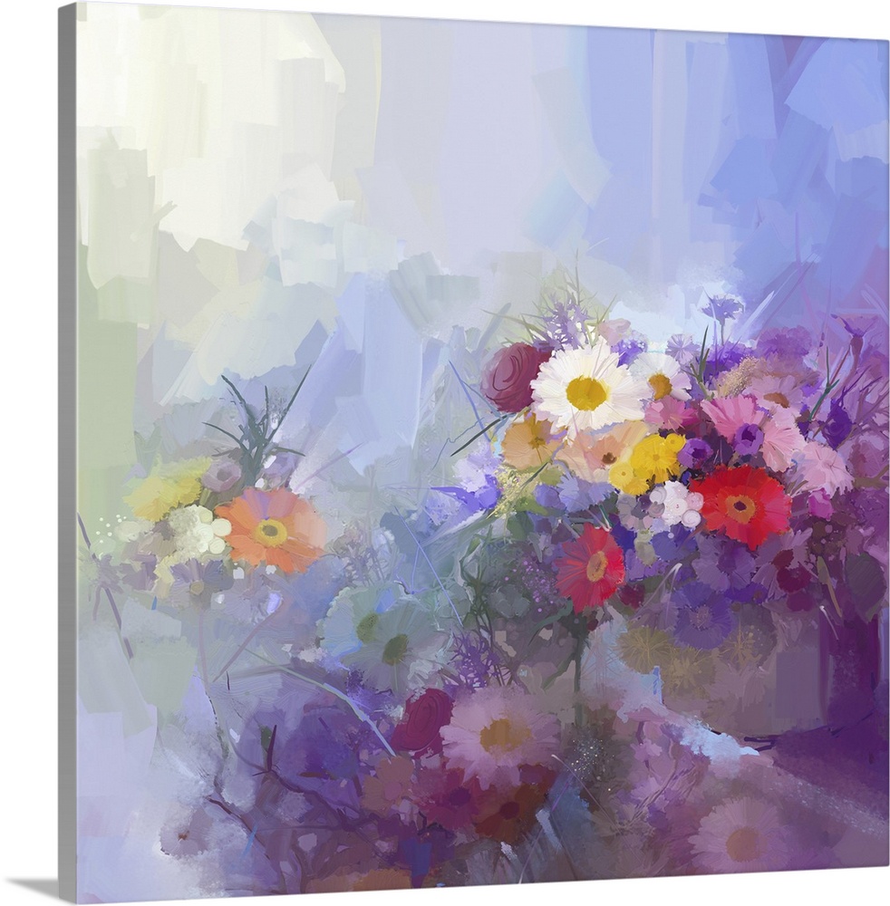 Abstract flower painting. Vase with still lift bouquet of vintage flowers, originally an oil painting. Flowers in soft col...