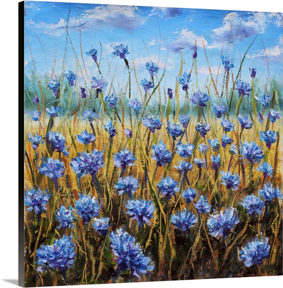 Flower field. Blue flowers in the meadow. Blue sky with white clouds. Green forest in the distance. Originally an oil pain...