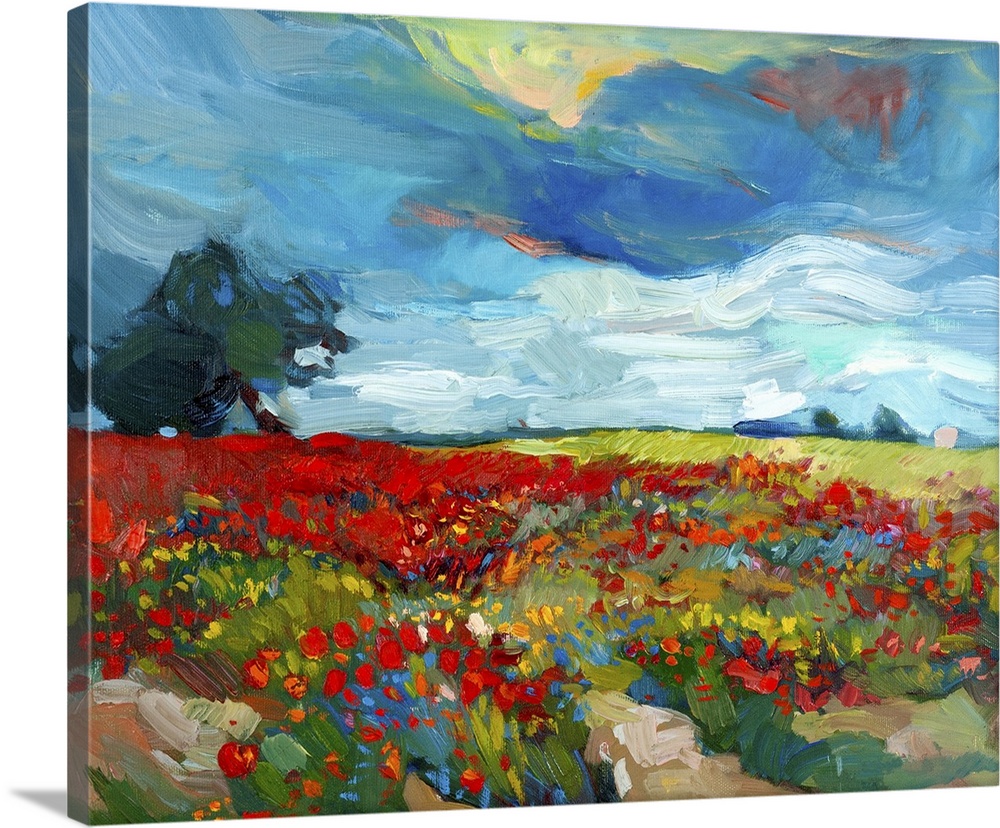 Originally an oil painting on canvas of fields of flowers in an Impressionist style.