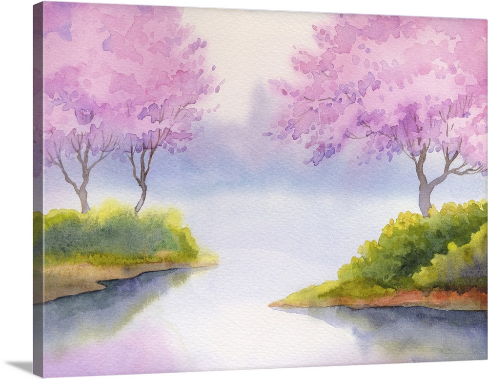 Originally a watercolor landscape. Flowering fruit trees over the quiet lake in a gentle spring morning.