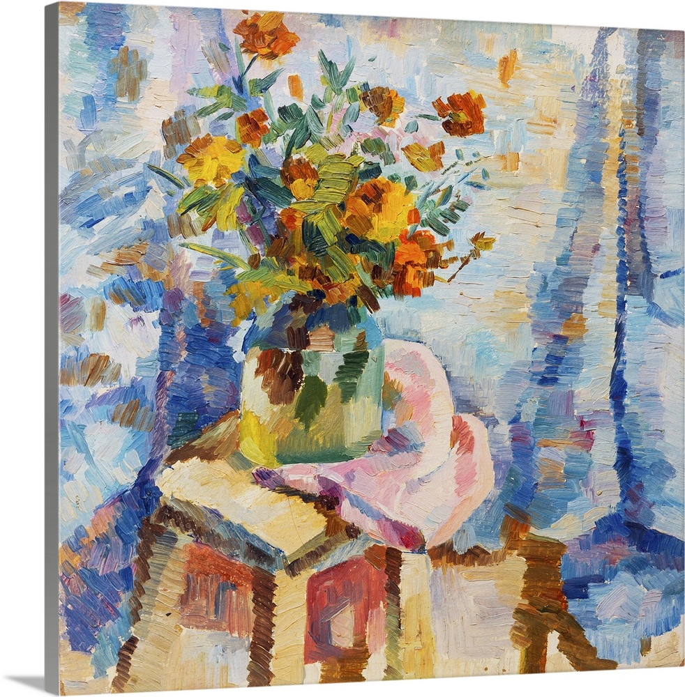 Originally an oil painting flowers in a vase in bright orange colors of red and blue on canvas.