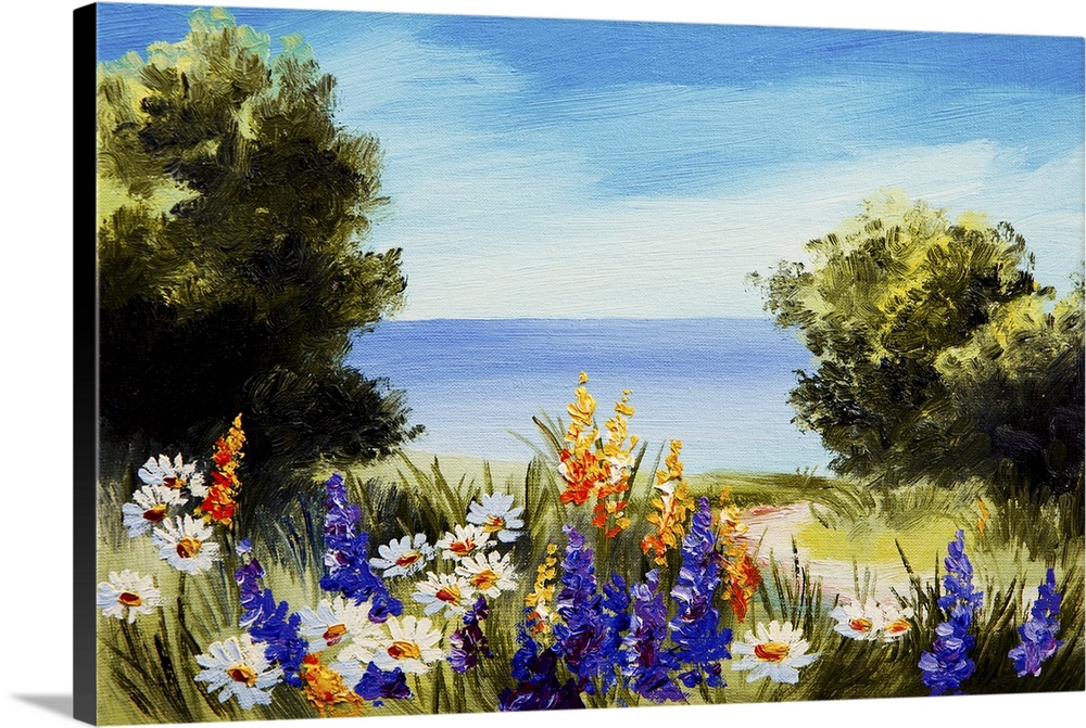 Originally an oil painting flowers near the sea, chamomile field, sunset.