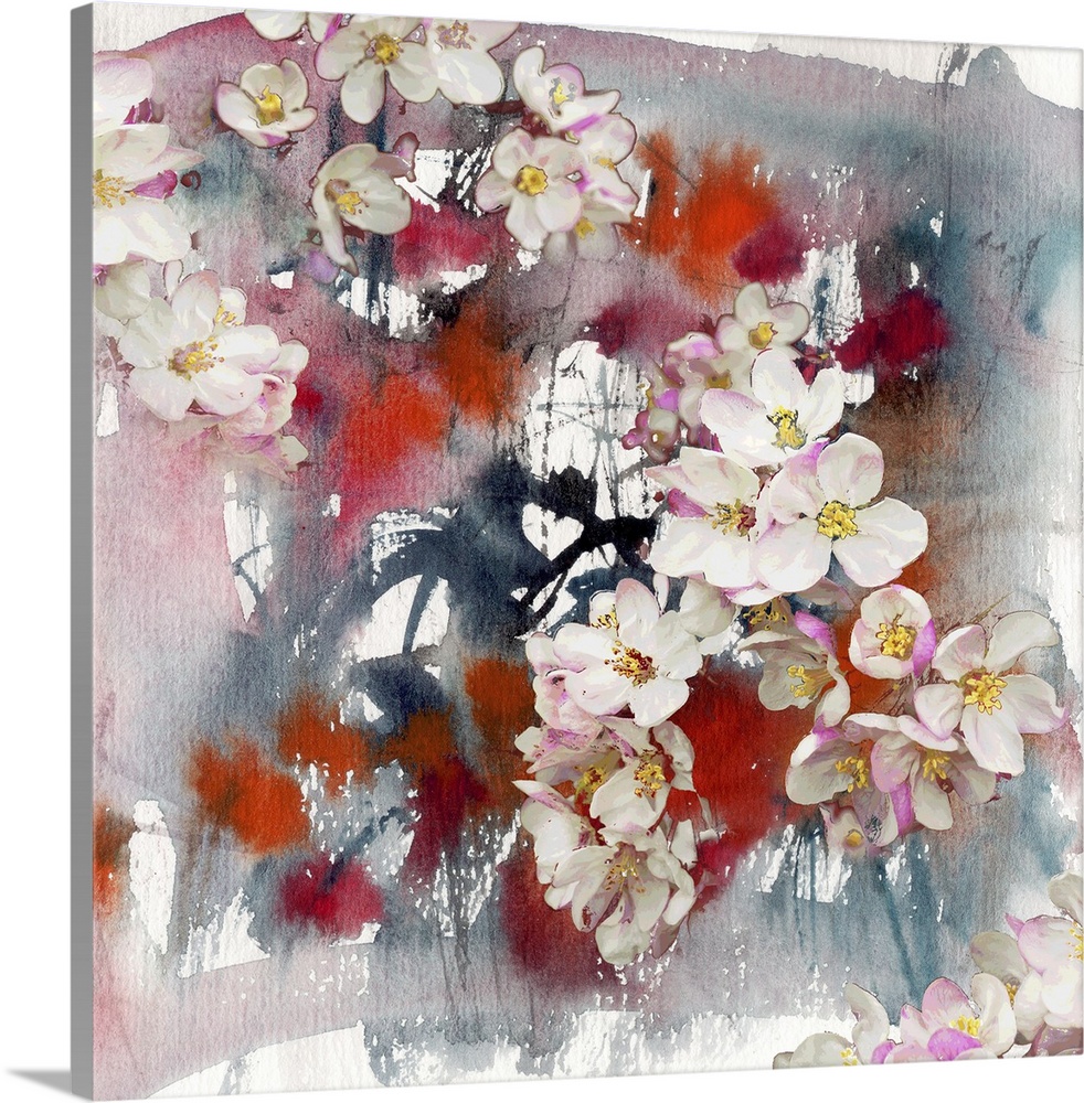 Flowers of apple tree, abstract painting and mixed media art background.
