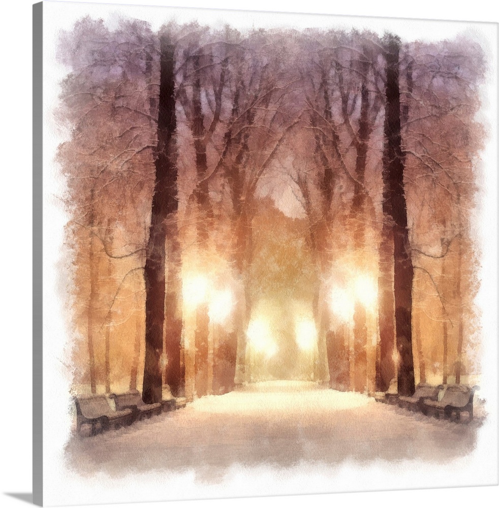 Painting showing footpath in a fabulous winter city park.