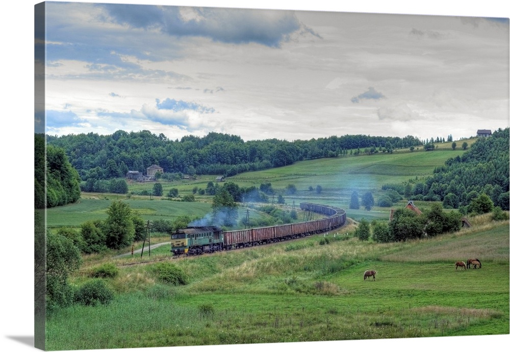 Freight train hauled by diesel locomotive passing the hilly landscape.