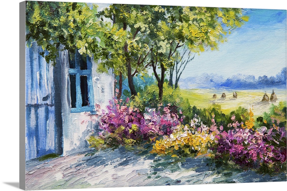 Originally an oil painting landscape of a garden near the house, colorful flowers, forest.