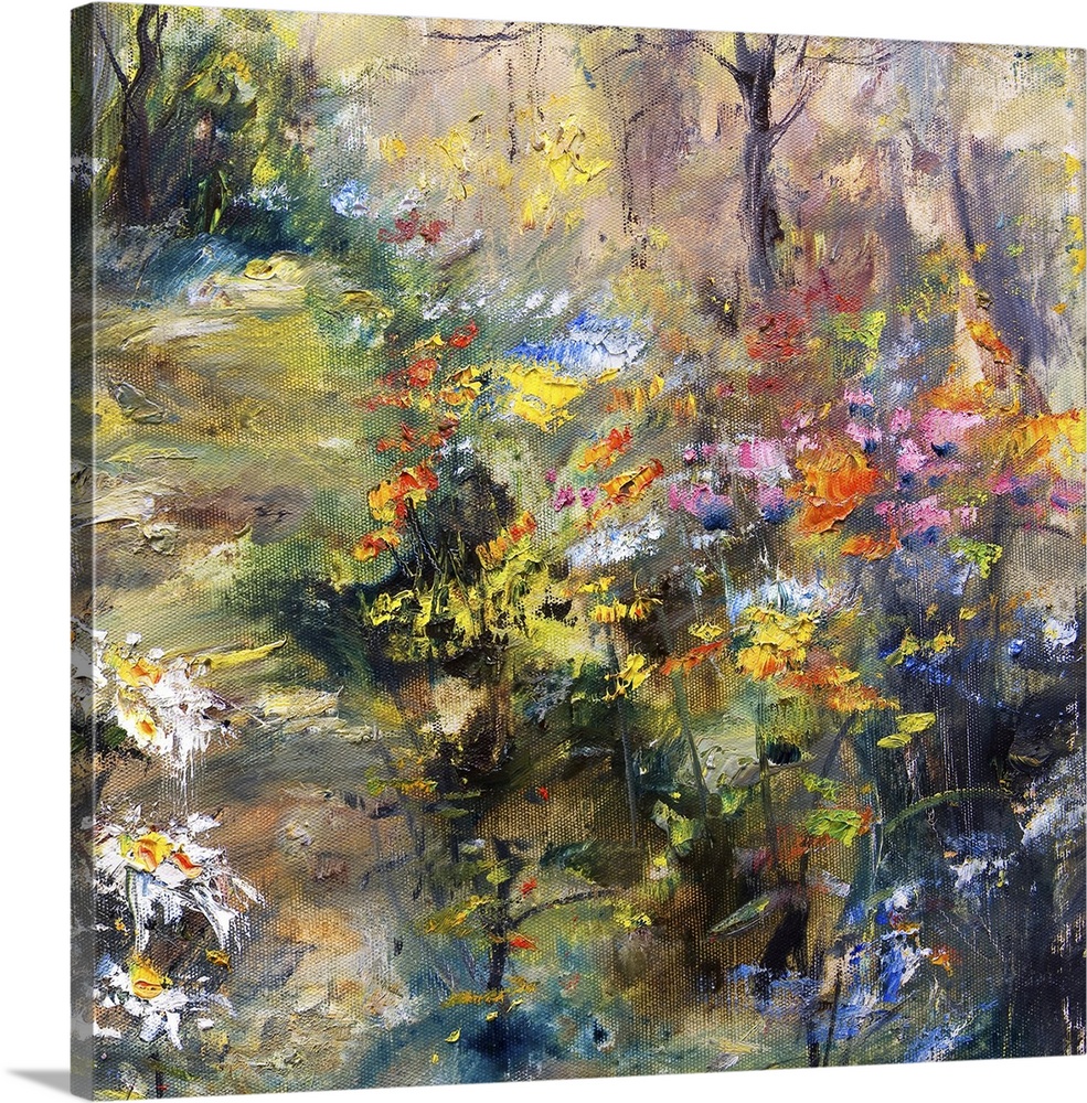 Garden with flowers, originally an oil painting on canvas, artistic background.