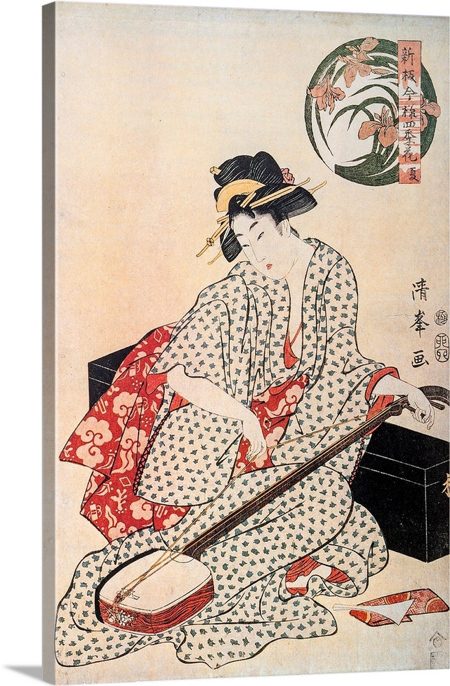 Geisha playing shamisen. Traditional Japanese engraving Ukiyo-e.