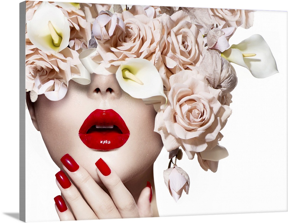 Vogue style model girl face with roses. Red sexy lips and nails.