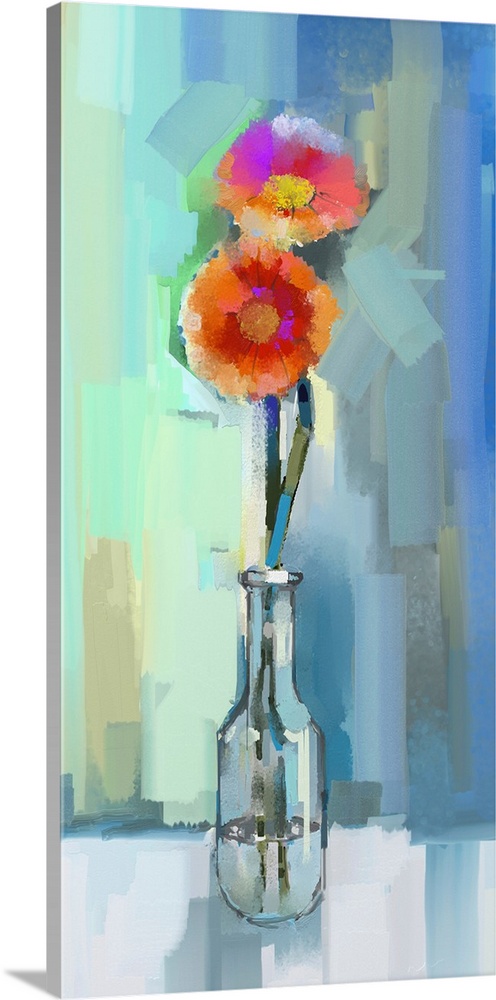 Glass vase with bouquet gerbera flowers. Originally an oil painting.