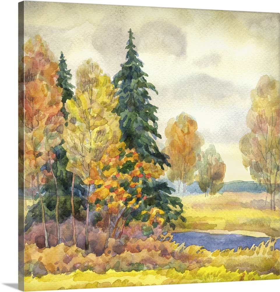 Originally a watercolor landscape. Yellowing trees near a stream in cloudy autumn weather.