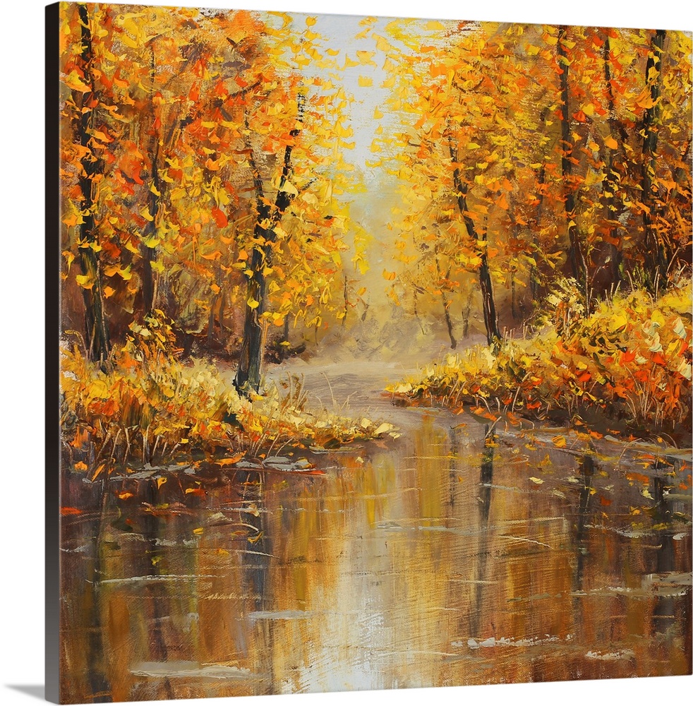 Originally yellow oil painting autumn island seascape, beautiful autumn on canvas. Golden autumn in foggy river. Palette k...