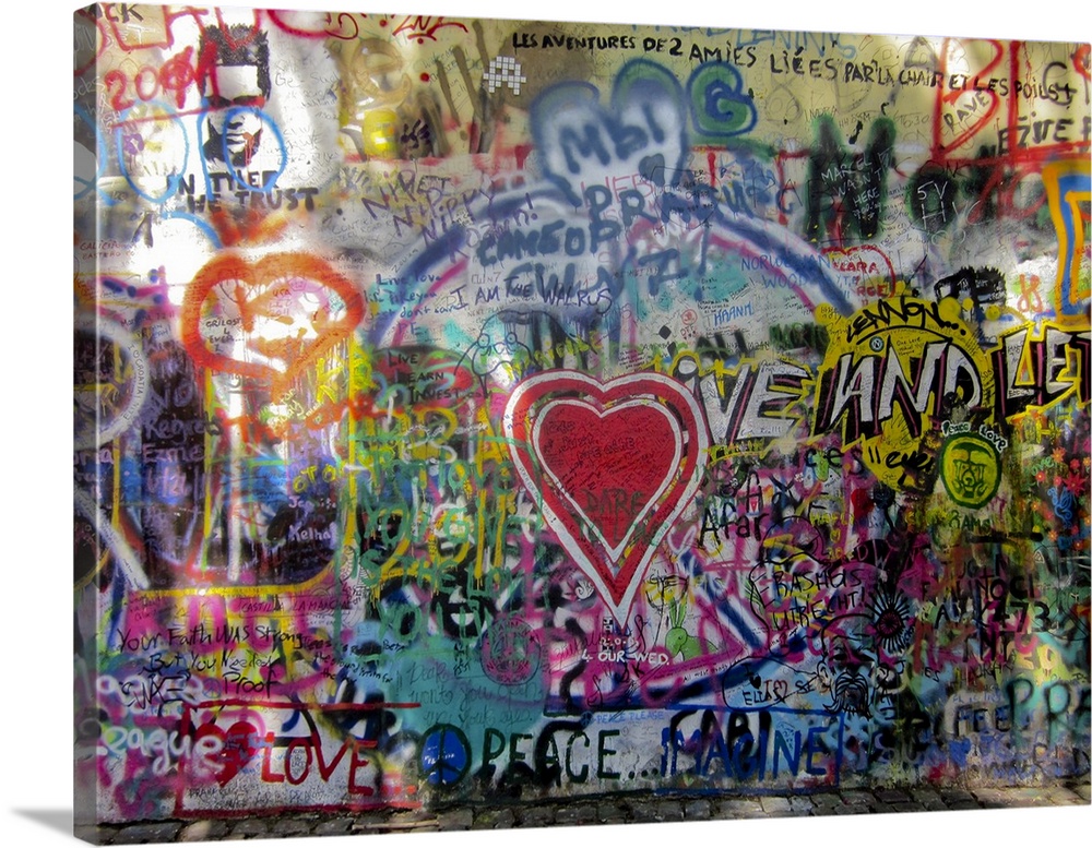 Heart Graffiti on John Lennon Wall in Prague. When John Lennon was murdered in 1980 his portrait was painted on this wall....