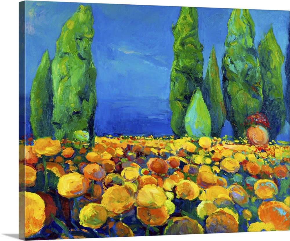 Originally an oil painting of green trees and yellow flowers on canvas. Landscape. Modern impressionism.