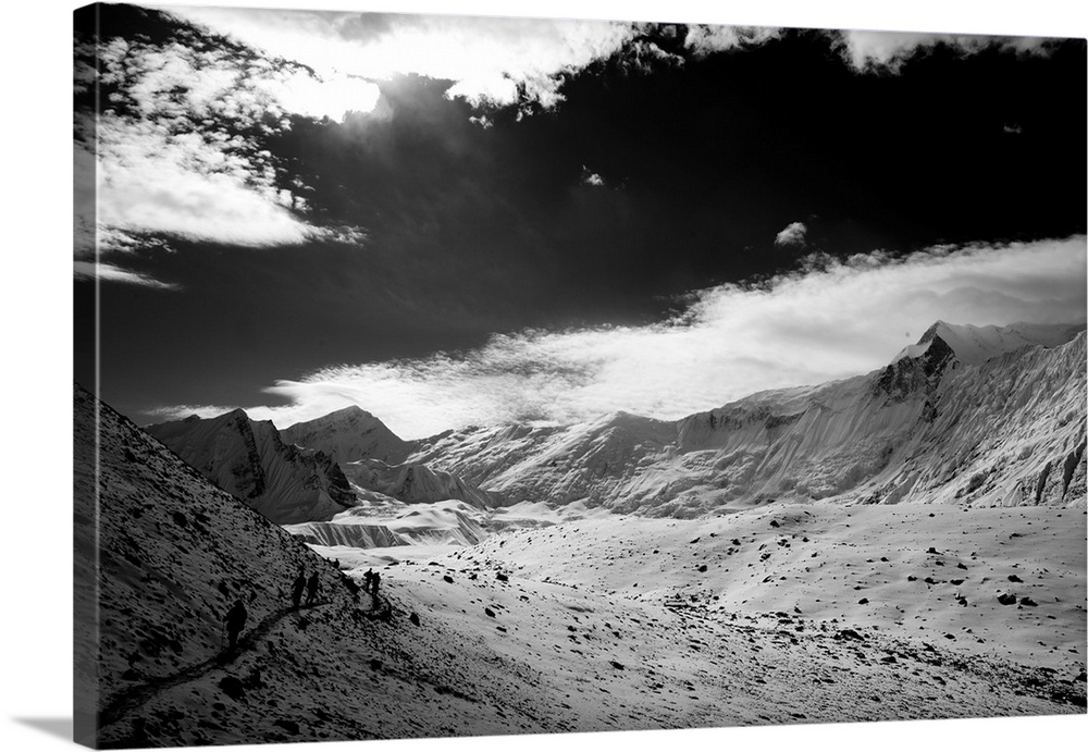 Black and white photo of Himalayan mountains, Annapurna region, Nepal.